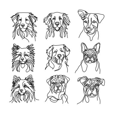 Devamlı tek çizgi şeklinde çizilmiş farklı bir köpek seti. Evcil hayvanların minimalist vektör sanatı. Hayvan temalı tasarımlar, baskılar veya ev dekorasyonu için.