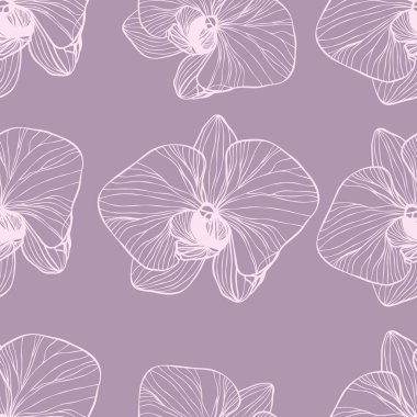 Pembe çiçekli desen. Yumuşak mor bir arka planda narin çizgilerle çizilmiş orkideleri olan kusursuz desen. Kumaş, duvar kağıdı, ambalaj için zarif çiçek tasarımı.