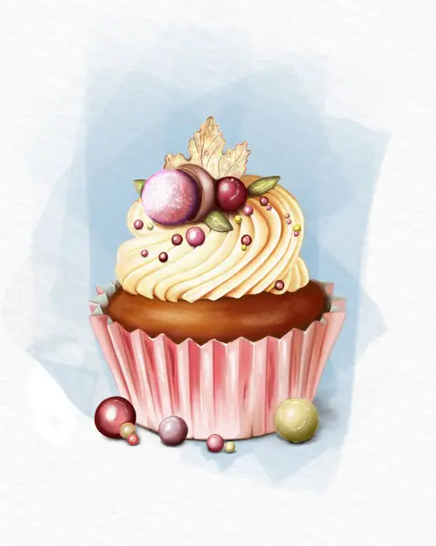 Illustration New Year Eve Muffin Cream Decorated Colored Balls Golden — Stock Photo, Image