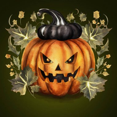 Suluboya ile çizilmiş büyük kötü Cadılar Bayramı kabağı