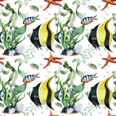 Kusursuz tropikal balık, deniz bitkileri ve hayvan deseni