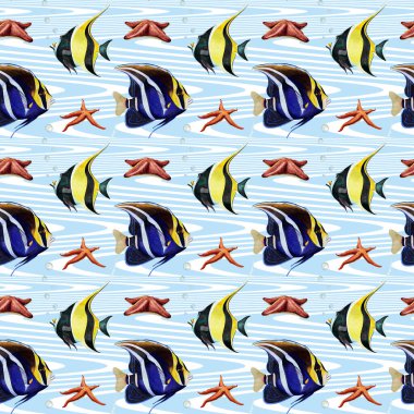 Simple seamless pattern of yellow and blue tropical fish, starfish on wave striped background by watercolor clipart