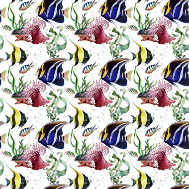 Beyaz zemin üzerindeki suluboya ile tropikal mavi ve sarı balıkların, deniz bitkilerinin ve hayvanların kusursuz deseni