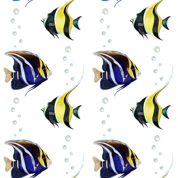 Basit, pürüzsüz sarı ve mavi tropikal balık ve kabarcıklar.
