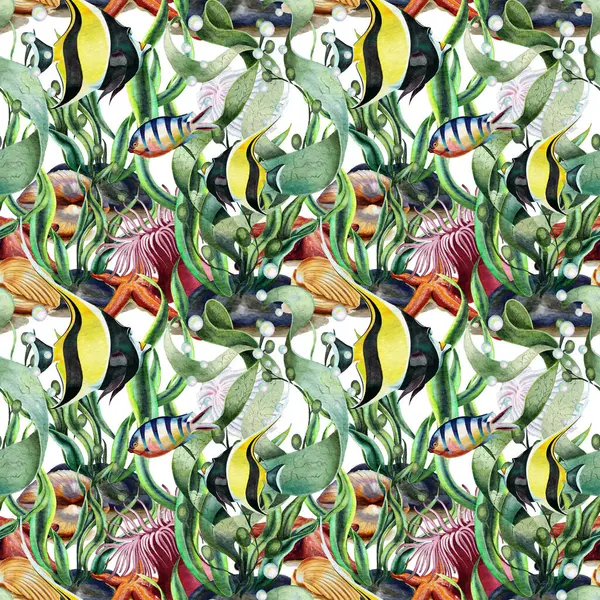 Çok yönlü, kusursuz tropik balık, deniz bitkileri ve hayvan deseni.