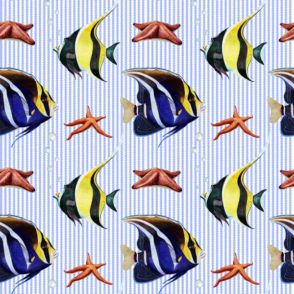 Sarı ve mavi tropikal balığın sade, çizgili arka planda deniz yıldızı deseni.