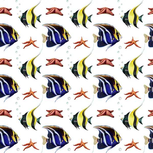 Basit, pürüzsüz sarı ve mavi tropikal yıldız deseni. Beyaz arka planda suluboya ile denizyıldızı.