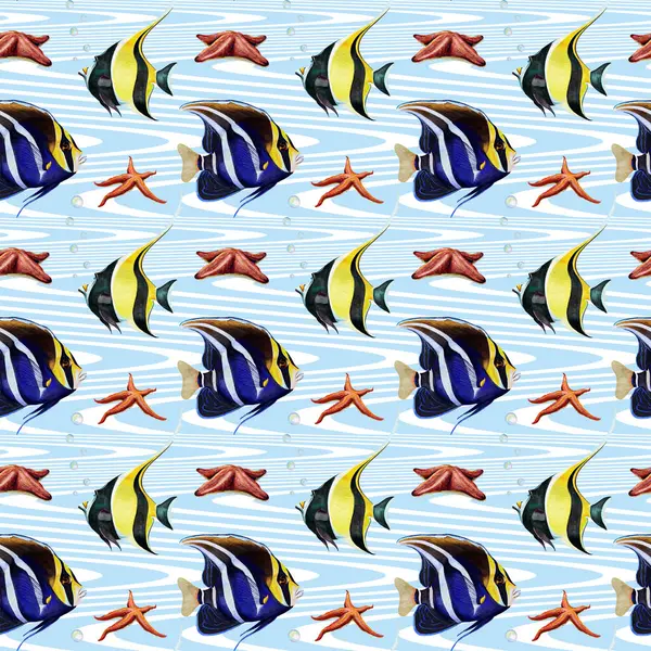Basit, pürüzsüz sarı ve mavi tropikal yıldız deseni, suluboya ile çizgili arka planda deniz yıldızı.