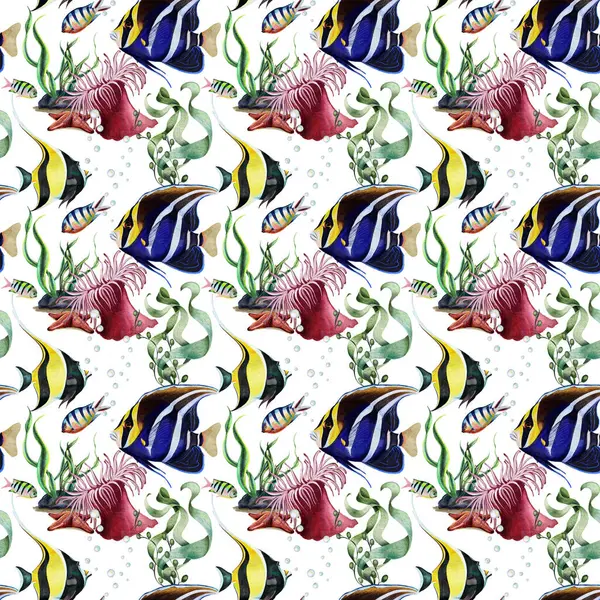 Beyaz zemin üzerindeki suluboya ile tropikal mavi ve sarı balıkların, deniz bitkilerinin ve hayvanların kusursuz deseni