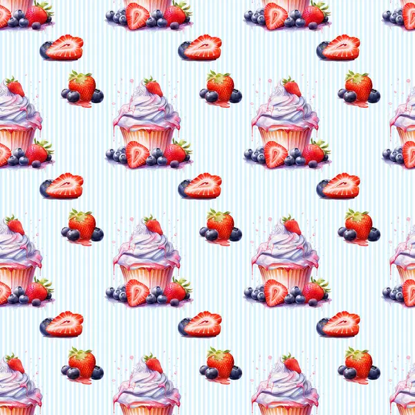Suluboya tekniğiyle yapılmış mavi çizgili, kremalı ve meyveli keklerin kusursuz deseni.