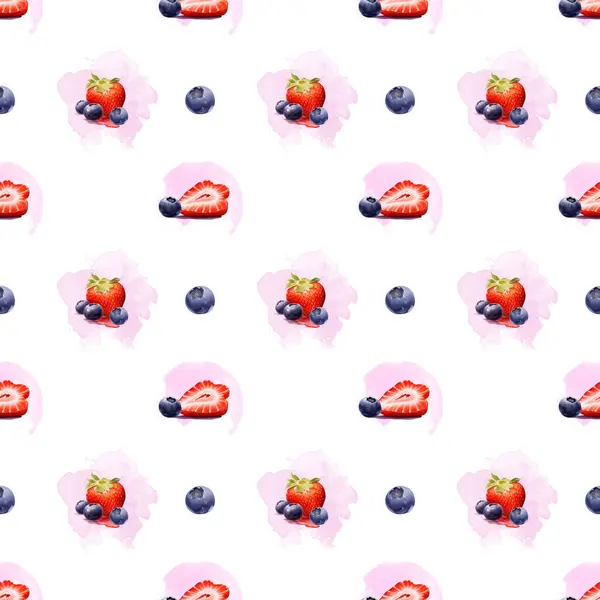 Hafif suluboya lekelerinin arka planında çilek ve yaban mersinli kusursuz desen, beyaz arka plan