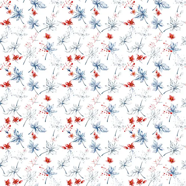 Kusursuz desen, küçük çiçeklerin suluboya çizimi ve beyaz arka planda kırmızı ve mavi yapraklar, kaprisli minimalizm, kusursuz desen, minimalist tarzda eğlenceli ve eğlenceli ruh hali