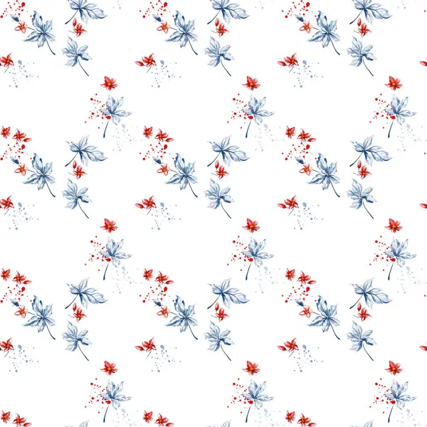 Kusursuz desen, küçük çiçeklerin suluboya çizimi ve beyaz arka planda kırmızı ve mavi yapraklar, kaprisli minimalizm, kusursuz desen, minimalist tarzda eğlenceli ve eğlenceli ruh hali