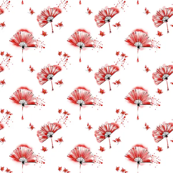 Kusursuz kırmızı yelpaze deseni ve beyaz zemin üzerine dağılmış küçük çiçekler suluboya stili, Çin Yeni Yıl atmosferi, parlak renkler kullanarak, yüksek çözünürlüklü duvar kağıdı deseni.