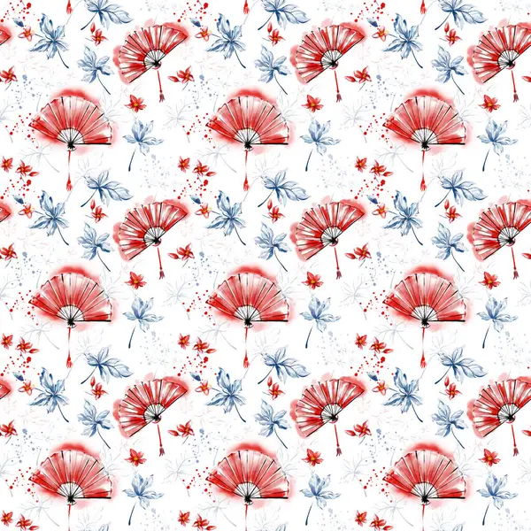 Kırmızı Japon hayranları, yaprakları ve çiçekleri olan kusursuz bir desen. Konfeti gibi beyaz bir zemine saçılmış narin yapraklar. Art deco modern lüksle minimalist bir şekilde buluşuyor.
