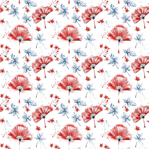 Kırmızı Japon hayranları, yaprakları ve çiçekleri olan kusursuz bir desen. Konfeti gibi beyaz bir zemine saçılmış narin yapraklar. Art deco modern lüksle minimalist bir şekilde buluşuyor.