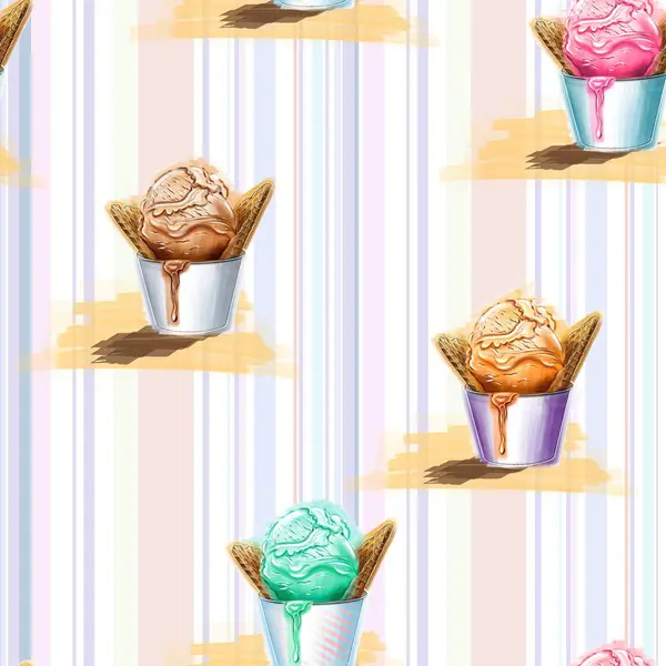 Yaz mevsimine, rengarenk dondurma külahları ve yumuşak pastel şeritlerin arka planına dayanan bu hoş ve pürüzsüz desenle dalın. Her ürüne biraz kapris ve tatlılık katmak için mükemmel.