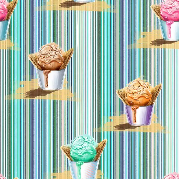 Tazeleyici bir yaz gecesine dalın, bu enfes, dikişsiz desenle waffle külahlarında canlı dondurma kepçeleri, parlak metalik bardaklarda sunulan, ferahlatıcı mavi ve yeşil şeritlerin serin arka planına karşı. Mükemmel bir karışım.