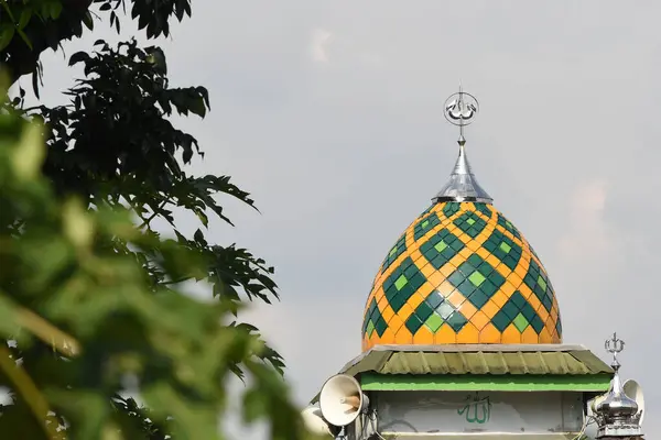 Bela Cúpula Mesquita Azulejos Com Folhas Verdes Primeiro Plano — Fotografia de Stock