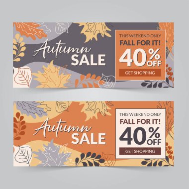 Set of Autumn Sale Banners with Fallen Leaves, Promo Advertising Poster, Store Discount Flyer or Off Voucher. Cartoon Vector Illustration, Abstract Floral Background. clipart