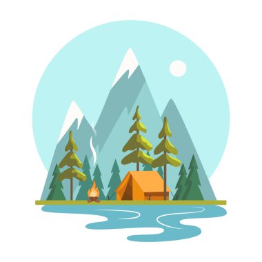 Güneşli bir gün manzarası çizimi. Çadır, kamp ateşi, dağlar, orman ve su..