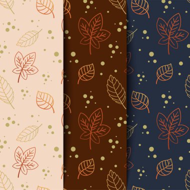 Elleri renkli yapraklar çizen, el çizimi tekrarlayan arka planı olan bir dizi vektörsüz desen. 