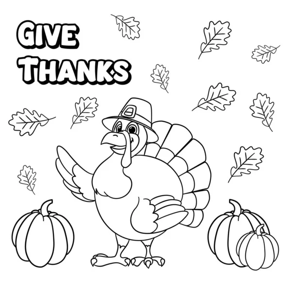 Cute Cartoon Turkey Wearing Pilgrim Hat Wishes Happy Thanksgiving Day — стоковый вектор