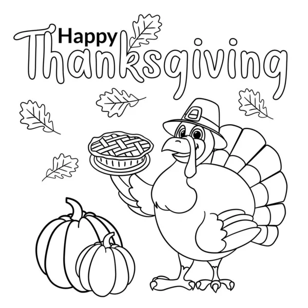 Cute Cartoon Turkey Wearing Pilgrim Hat Wishes Happy Thanksgiving Day — Image vectorielle