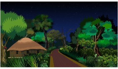 Köy doğası gece manzarası çizimi. Doğa manzarası çizimi. Gece Zaman Manzarası Tasarımı. River, Mountain ve Sky ile Doğa Manzarası. Geometrik şekiller. soyut minimalist vektör doğa manzarası