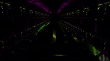 Fütürist teknoloji konsepti, 3D model uzay koridoru taraması, dijital teknolojiyi etkiliyor. Siyah arkaplan üzerindeki gelecek canlandırmaları özel efektler