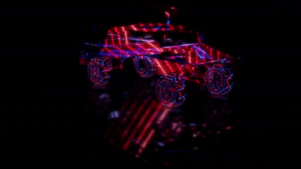 未来的な技術コンセプト 3Dモデルミルタリー静電気トラック車のトラック輸送ディーゼルスキャン 効果デジタル技術 スペシャルエフェクト ブラックバック上の将来のアニメーション — ストック動画