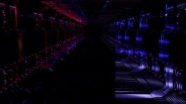 Fütürist teknoloji konsepti, 3D model uzay koridoru taraması, dijital teknolojiyi etkiliyor. Siyah arkaplan üzerindeki gelecek canlandırmaları özel efektler