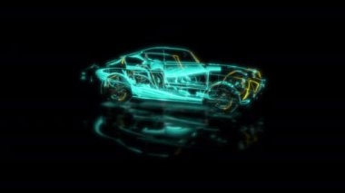Fütürist teknoloji konsepti, 3 boyutlu klasik araba taraması, dijital teknolojiyi etkiliyor. Siyah arkaplan üzerindeki gelecek canlandırmaları özel efektler