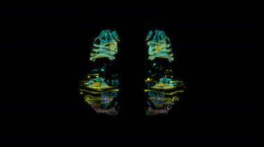 Siyah arka planda gelecekteki animasyonların özel efektleri. Fütüristik teknoloji konsepti, 3D ayakkabı modeli, dijital teknolojiyi etkiler.