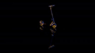 Siyah arka planda gelecekteki animasyonların özel efektleri. Fütürist teknoloji konsepti, 3D elektrikli scooter modeli, dijital teknolojiyi etkiler.