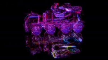 Siyah arka planda gelecekteki animasyonların özel efektleri. Fütürist teknoloji konsepti, 3D askeri kamyon modeli, dijital teknolojiyi etkiliyor.