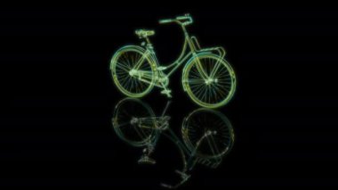 Siyah arka planda gelecekteki animasyonların özel efektleri. Fütüristik teknoloji konsepti, 3D bisiklet modeli, dijital teknolojiyi etkiler.