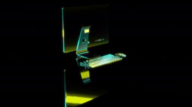 Siyah arka planda gelecekteki animasyonların özel efektleri. Fütürist teknoloji konsepti, 3D PC monoblock modeli, dijital teknolojiyi etkiler.