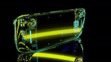 Siyah arka planda gelecekteki animasyonların özel efektleri. Fütüristik teknoloji konsepti, 3D oyun güvertesi modeli, dijital teknolojiyi etkiler.