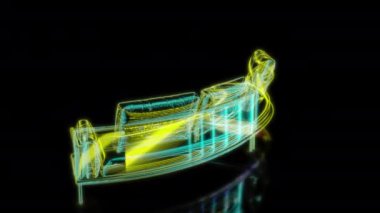 Siyah arka planda gelecekteki animasyonların özel efektleri. Fütüristik teknoloji konsepti, 3D Sofa Noah modeli, dijital teknolojiyi etkiler.