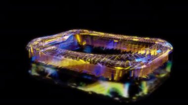 Siyah arka planda gelecekteki animasyonların özel efektleri. Fütüristik teknoloji konsepti, 3D stadyum futbol modeli, dijital teknolojiyi etkiler.