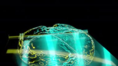 Siyah arka planda gelecekteki animasyonların özel efektleri. Fütüristik teknoloji konsepti, kesme tahtası modelinde üç boyutlu ekmek ve bıçak, dijital teknolojiyi etkiler..