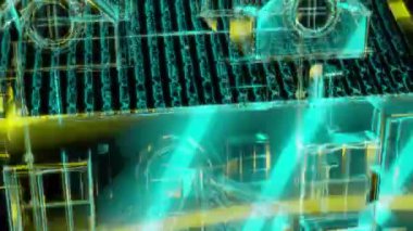 Siyah arka planda gelecekteki animasyonların özel efektleri. Fütürist teknoloji konsepti, 3D Ortaçağ ev modeli, dijital teknolojiyi etkiler.