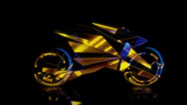 Siyah arka planda gelecekteki animasyonların özel efektleri. Gelecekçi teknoloji konsepti, 3D Motorsiklet Robot Modeli, dijital teknolojiyi etkiler.