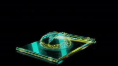 Siyah arka planda gelecekteki animasyonların özel efektleri. Fütüristik teknoloji konsepti, kesme tahtası modelinde üç boyutlu ekmek ve bıçak, dijital teknolojiyi etkiler..