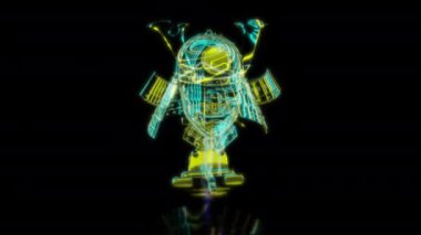 Siyah arka planda gelecekteki animasyonların özel efektleri. Gelecekçi teknoloji konsepti, 3D Samuray miğferi modeli, dijital teknolojiyi etkiler..