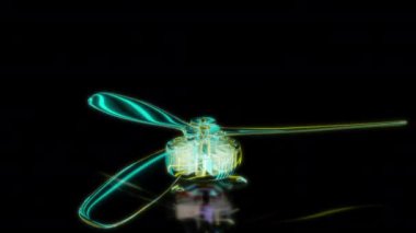 Siyah arka planda gelecekteki animasyonların özel efektleri. Gelecekçi teknoloji konsepti, 3D fırçasız motor FPV Modeli, dijital teknolojiyi etkiler.