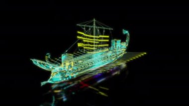 Siyah arka planda gelecekteki animasyonların özel efektleri. Fütüristik teknoloji konsepti, 3D Roma Trireme Modeli, dijital teknolojiyi etkiler.