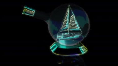 Siyah arka planda gelecekteki animasyonların özel efektleri. Fütüristik teknoloji konsepti, 3D Gemi Şişe Modelinde, dijital teknolojiyi etkiler.