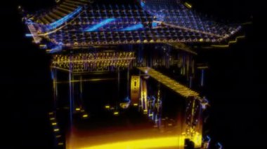 Siyah arka planda gelecekteki animasyonların özel efektleri. Gelecekçi teknoloji konsepti, 3D Çin Eski Otel Modeli, dijital teknolojiyi etkiler.